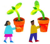 cartoon people carrying plants