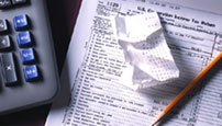 Tax form, calculator, pencil, receipt (e)